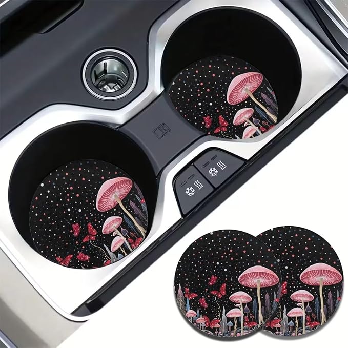 Mushroom Car Accessory Pink Mushroom Car Seat Covers Full Set,Cottagecore Butterfly Mushrooms Auto Steering Wheel Cover Keychain Safety Seat Belt Pad Universal Fit,All Weather Protection 12Pcs