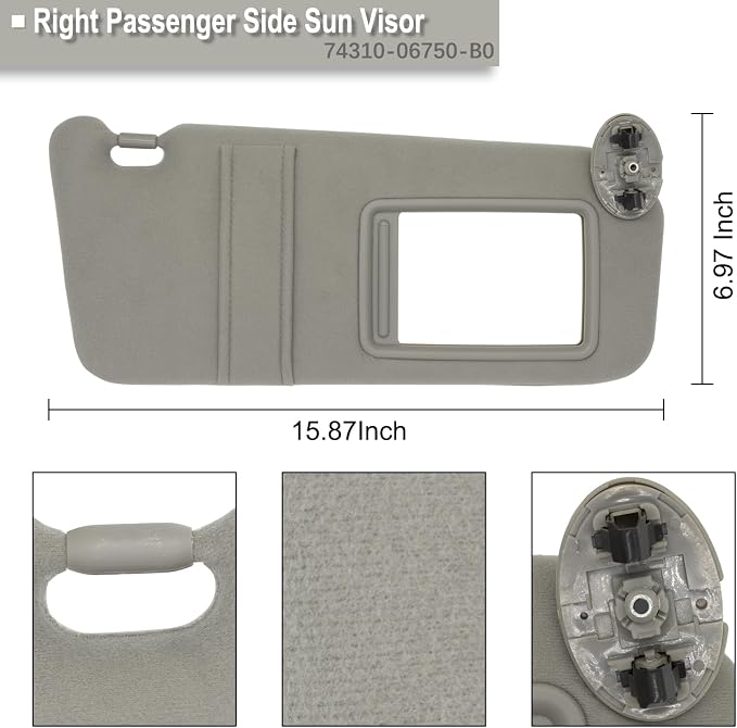 NHILES Right Passenger Side Sun Visor Compatible with Toyota Camry Without Light 2007 2008 2009 2010 2011 Replaces# 74310-06750-B0 Color Gray