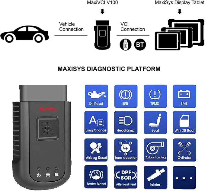 Autel MaxiVCI V100 Bluetooth Vehicle Communication Interface OBD Scanner Comprehensive Diagnostics Work with MS906BT, MK906BT, MS906TS, MK908, MS908, MS908S Pro, MS908 Pro, MK908P, MaxiSYS Elite