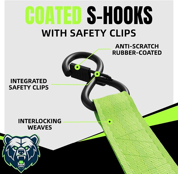 Retractable Ratchet Straps, 4-Pack, 1 Inch x 12 Feet Heavy Duty Tie Downs, 1760lb Break Strength, Self Retracting for Truck, Cargo, Trailer, Motorcycle, ATV, UTV (Green, 8pack)