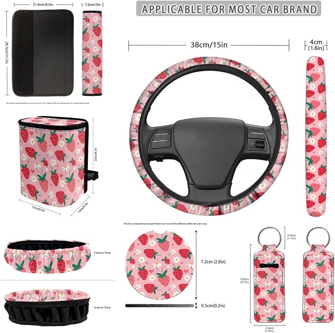 Strawberry Pink Car Seat Covers Full Set for Most Cars, with Seat Belt Pads Steering Wheel Cover Car Trash Bin Rear View Mirror Cover Car Coasters Keychain Holder Keychains, 12pcs