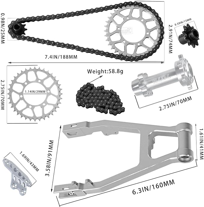 Steel Roller Chain&Rear Swing Arm&Rear Hub Chain Sprocket Gears&Front Sprocket&Chain Guard Protector&Rear Wheel Hub Hex Upgrades for L0Si 1/4 Promoto-MX Motorcycle RTR FXR,Silver