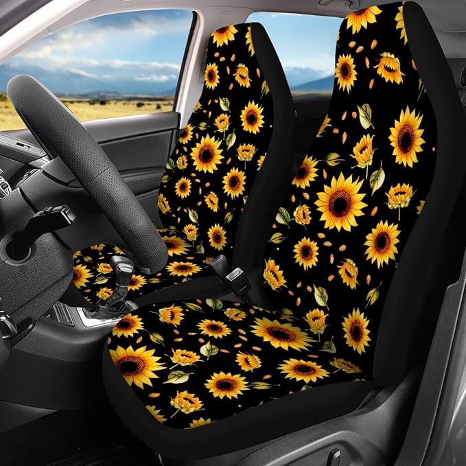 Sunflower Car Seat Covers Full Set of 17 Pcs Hippie Sunflower Car Accessories Set with Front and Split Rear Bench Car Mats Full Set Car Seat Belt Cover Steering Wheel Covers,Universal Fit