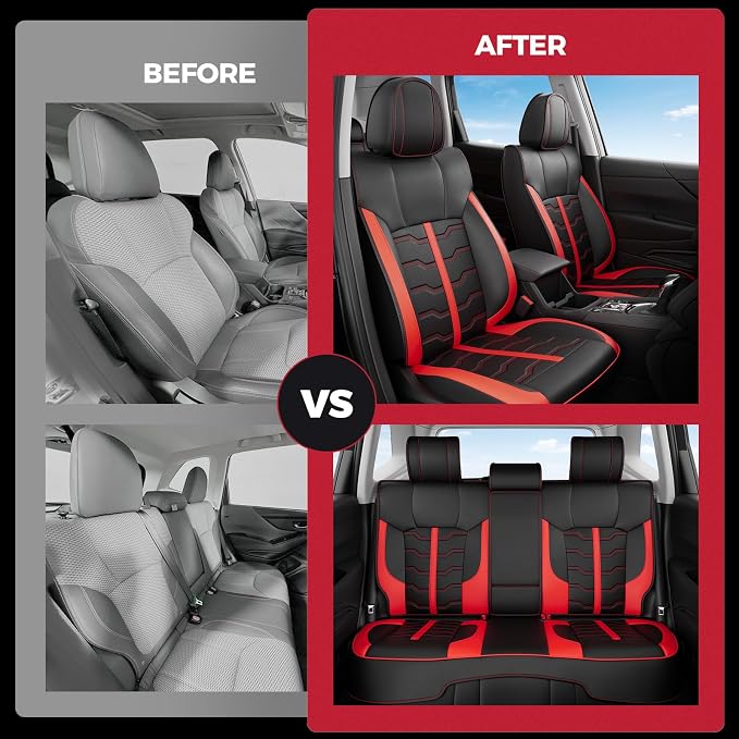 FREESOO Seat Covers for Subaru Outback Forester Crosstrek 2014-2026 Full Set, Waterproof Breathable Leather, Airbag Compatible, Easy Install, BlackRed