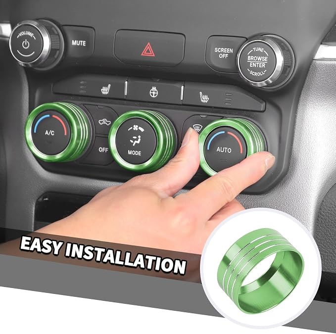 Jimen for Ram Center Console Knob Covers, 7PCS AC Air Conditioner Audio Volume Button & Headlight Switch & 4WD Shifter Knob Ring Trim Fit for Dodge Ram 2018-2025 (Green)