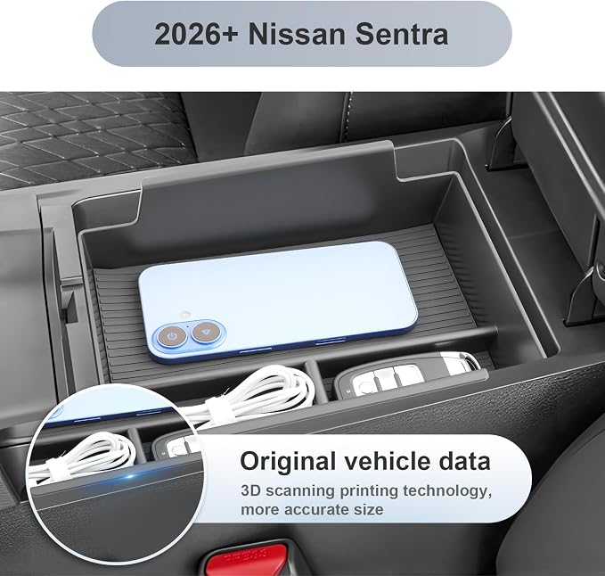 SKTU for 2026 Nissan Sentra Center Console Organizer for 2026+ Nissan Sentra (S/SV/SR/SL) Console Tray Nissan Sentra 2026 Accessories ABS Armrest Storage Box 2026 Sentra Anti-Slip Insert Console Tray
