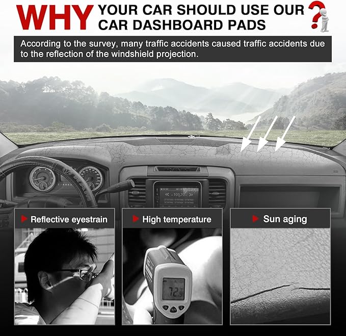 Autorder Gray Dashboard Cover Mat for Dodge Ram 1500 2500 3500 2009-2018 Accessories Dash Cover Upgrade Polyester Dash Mat Sunshade Glare UV Rays Protector