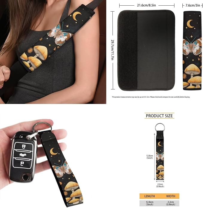 Butterfly Moon Mushroom Car Seat Covers Set of 15 with Universal Steering Wheel Cover, Rearview Mirror Cover, Car Trash Can, Seatbelt Pads, Cup Holder Coasters, Keychains