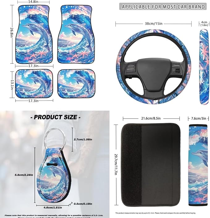 Spray Dolphin Car Interior Accessories Set of 18, Car Seat Covers Full Set with Steering Wheel Cover Floor Mats Armrest Pad Seat Belt Pads Roof Handle Wraps Cup Coaster Keychain
