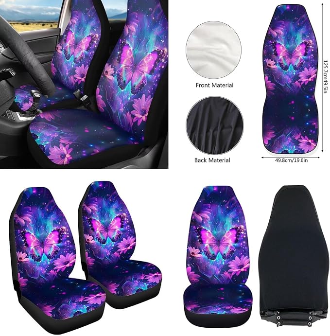 Howilath Purple Butterfly Flower Front Car Seat Covers Set of 10 Seat Protector with Steering Wheel Cover/Seatbelt Pads/Keychain/Armrest Cushion/Coasters Fit Sedan Truck Van