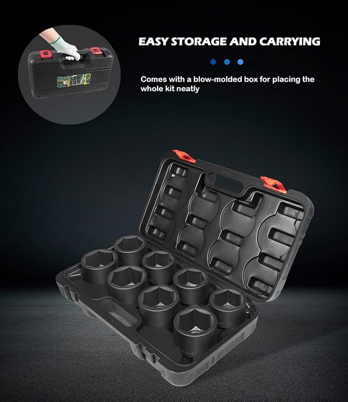 3/4" Drive Spindle Axle Nut Impact Large Socket Set, SAE Standard Sizes 2-1/16 Inch to 2-1/2 Inch, CR-MO Steel, 6-Point, Jumbo Sockets 8PCS for Removing Installing Axle Nuts Socket Heavy Duty