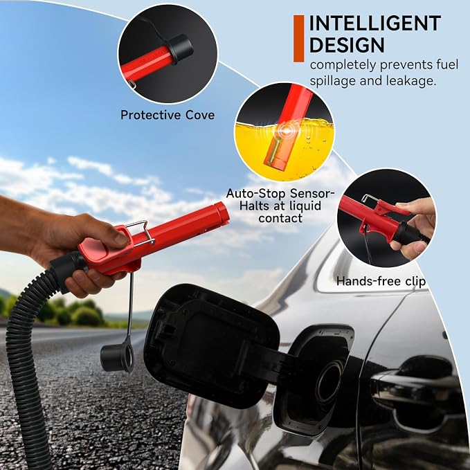 Fuel Transfer Pump with Auto-Stop, 4.2 GPM Battery or USB-Powered Petrol Pump for Fuel Cans, Portable Electric Petrol Transfer Pump with 51" Hose & 4 Adapters for Fast, Safe and Spill-Free Refuelling