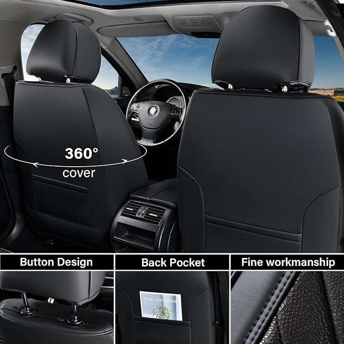 Coverado Car Seat Covers Full Set, 5 Seats Covers for Cars, Car Seat Covers Front Seats Back Seat Covers, Car Seat Protector Luxury Leathaire Waterproof Seat Cushions Universal Fit Most Cars Black