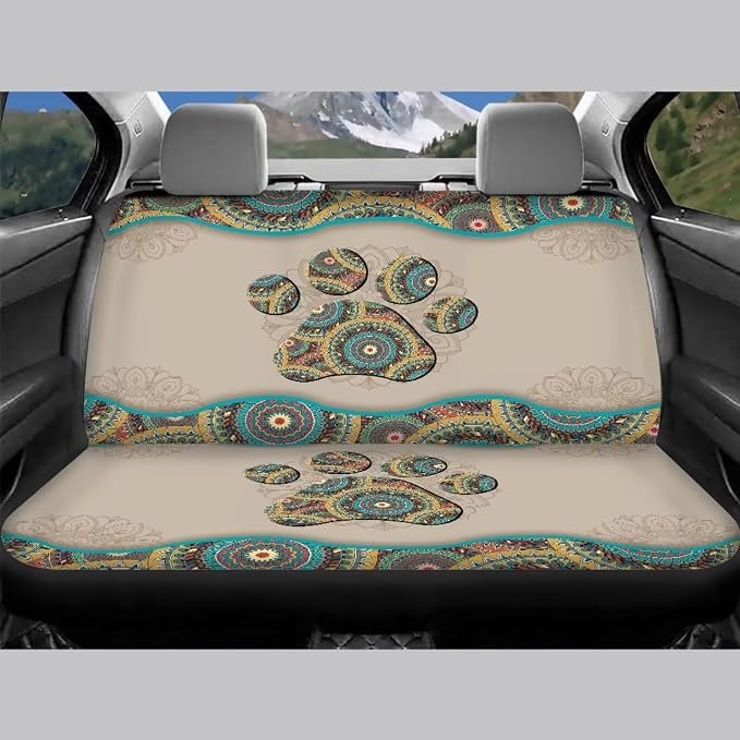 BIGCARJOB 12 Pack Boho Style Car Seat Cover Full Set,Hippie Paw Print Steering Wheel Covers,Universal Seat Belt Pads,Armrest Cover,Cup Holder,Woman Girly Car Interior Accessories Set