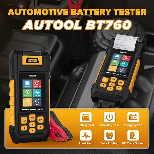AUTOOL BT760 Automotive Battery Tester with Thermal Printer – 12V/24V Car & Motorcycle Battery Checker, Cranking & Charging Test, Reverse Polarity Protection, HD Color Display