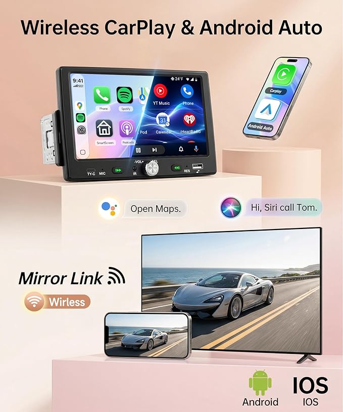 7 inch Single Din Car Stereo Wirelsss Carplay Android Auto, 1 Din Radio HD 1024×600 Touch Screen Radio Bluetooth 5.0, Mirror Link SWC FM EQ, USB Type-C, Car Stereo Receiver
