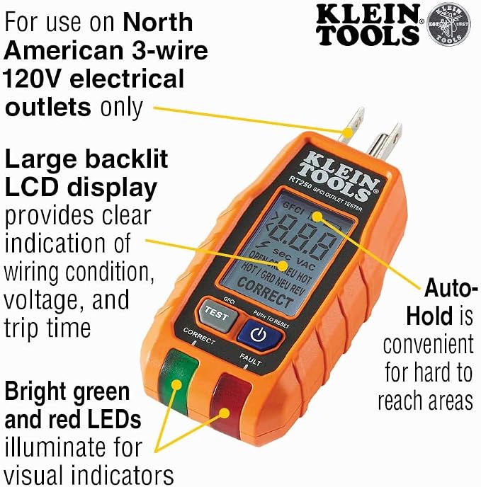 Klein Tools RT250 GFCI Outlet Tester with LCD Display and Klein Tools RT210 Outlet Tester