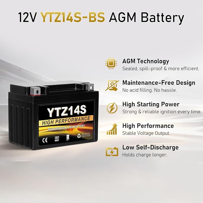YTZ14S 12V 11.2Ah AGM Sealed Motorcycle Battery, Maintenance-Free, Compatible with Honda, Yamaha, BMW Motorcycles & Scooters