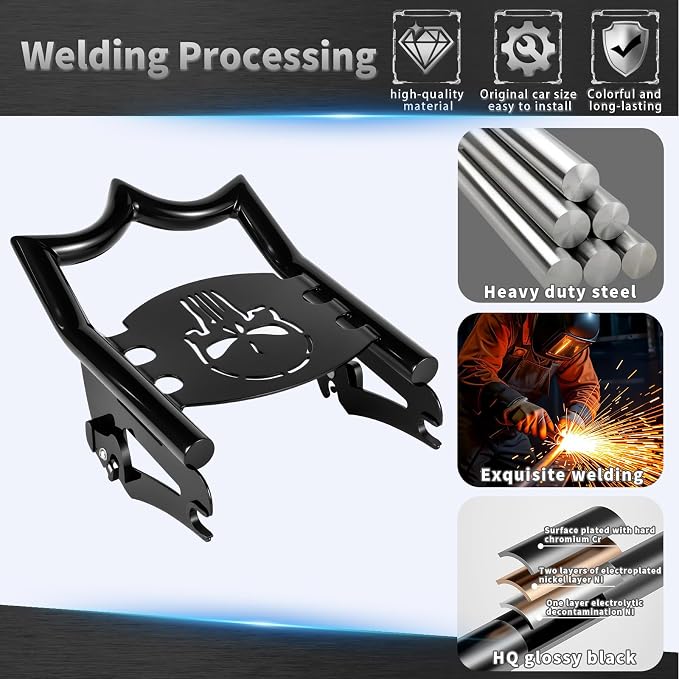 Crown Detachable Luggage Rack for Harley Touring 2009-2026 Street Road Electra Glide/Road King, Black （Skull）