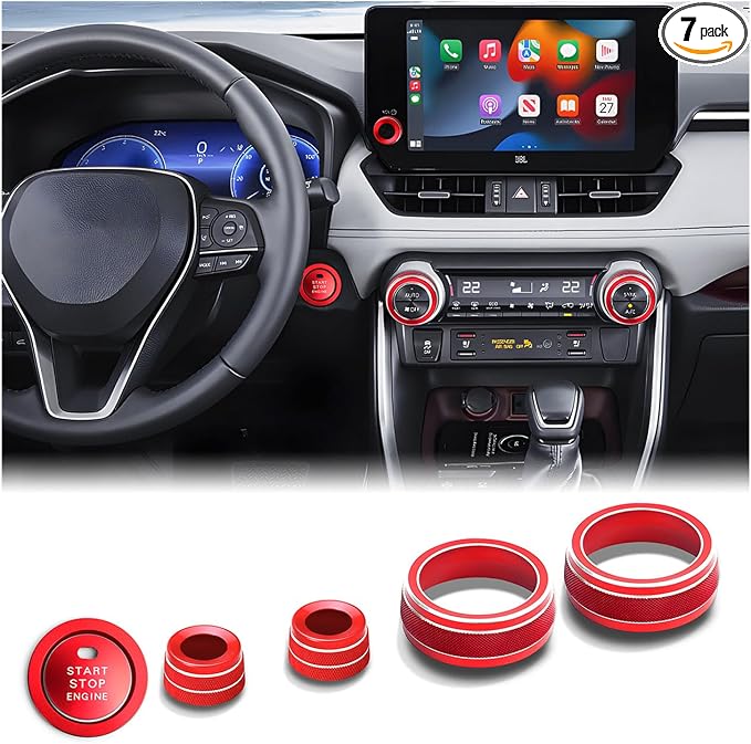 for Toyota RAV4 2019 2020 2021 2022 2023 2024 2025 Accessories, 6PCS Aluminum Alloy Knob Cover Trim Kit - Push Start, AC & Volume Dial (Red)