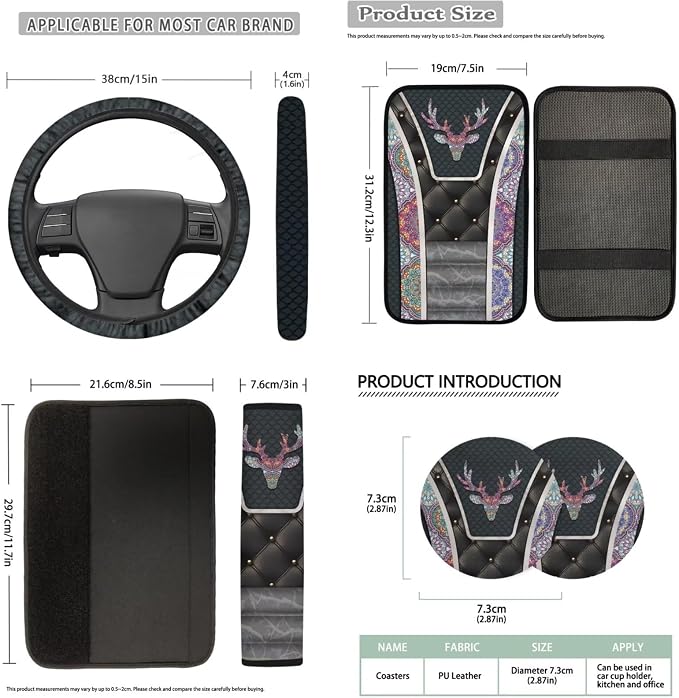 Bulopur Elk Auto Seat Covers Set with Matching 15 Inch Steering Wheel Cover Stretchy Armrest Cover Soft Seat Headrest Cover 14 Pieces Car Interior Accessories Set
