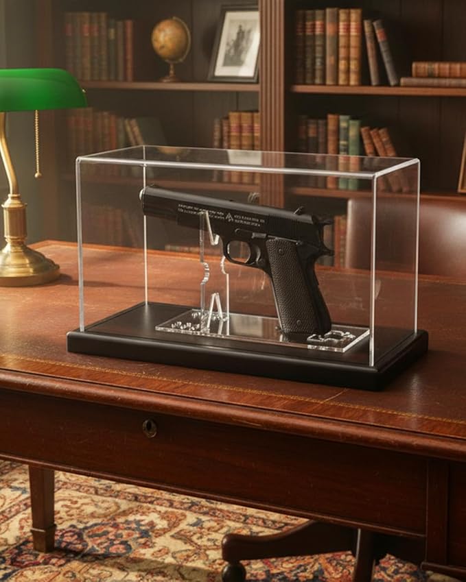 Premium Acrylic Pistol Display Case with Solid Wood Base & Clear Pistol Stand - UV Protection, Dustproof Gun Display Box for Collector Handguns, 1911, Glock and Memorabilia (11" x 4.2" x 6.7")