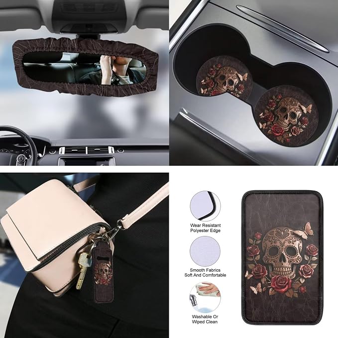 Skull Rose Printed Car Seat Cover Full Set with Steering Wheel Cover Armrest Pads Leather Lipstick Holder Keychain Car Coaster Non Slip Auto Accessories Set, 15 Pack, Brown