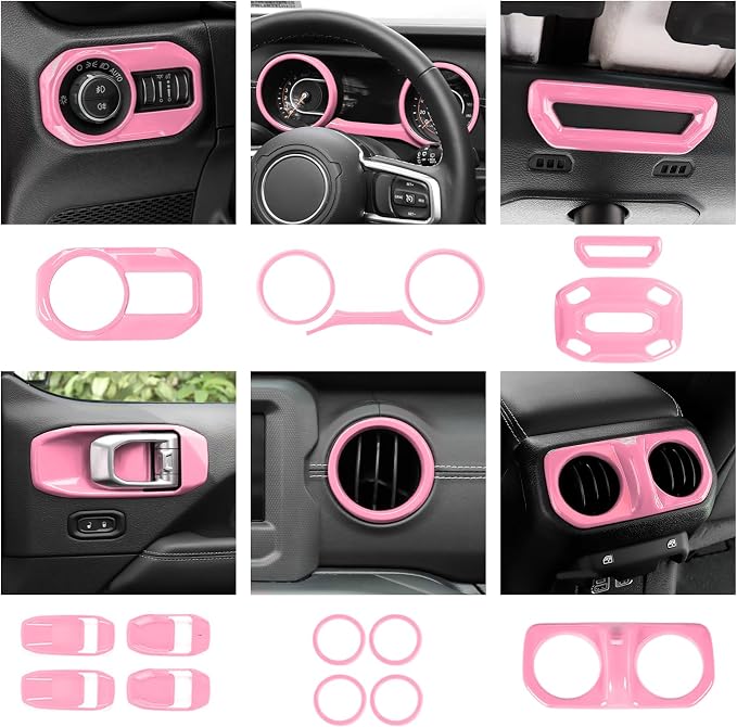 21PCS Pink Interior Trim Kits Fit for 2018-2023 Jeep Wrangler JL JLU & Gladiator JT 4Door Interior Decor Accessories Dashboard AC Headlight Switch Roof Speaker Inner Door Bowl Steering Button Frame