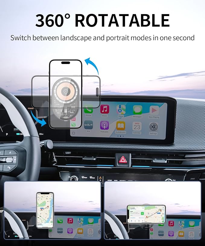 Wireless Charging car Phone Holder for Kia EV6 2025 Accessories 12.3-inch Screen Fixed Clip,360° Rotation car Phone Mount Compatible with MagSafe