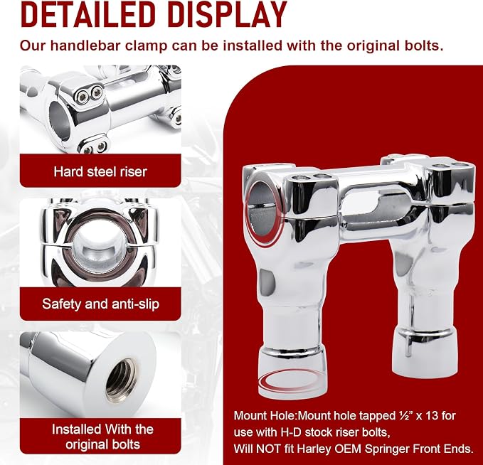 Chrome 4 inch Rise One-Piece Handlebar Top Clamp Kit 1.25 inch Diameter Investment-cast steel Risers for Harley Dyna Softail Sportster