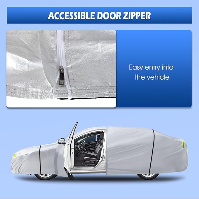 6 Layers Car Cover Waterproof All Weather for Automobiles, Size A3 with Zipper Cotton Fit for Toyota Camry, Honda Accord, Ford Mustang, Chevy Camaro/Malibu,Kia Optima(187-198 inch), Silver