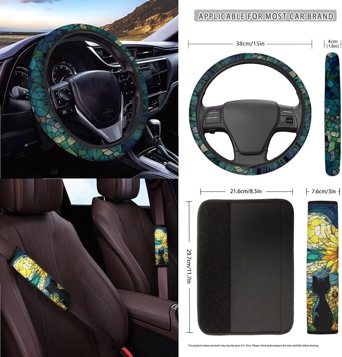 Black Cat Print Car Seat Covers Front and Back Full Set Sunflower Print High Back Bucket Seat Covers with Steering Wheel Cover Rearview Mirror Cover Safety Belt Pads Trash Can