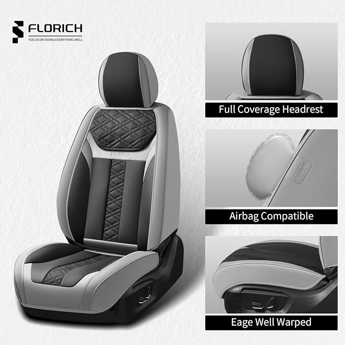 FLORICH Seat Covers, Front Seat Covers 2 PCs, Automotive Seat Cover for Cars, Luxury Leather Universal Seat Cover Accessories Fit for Most Cars SUV Truck Sedans(Grey)