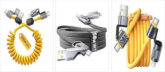 3 Packs Car Cable Bundle, Coiled USB C Cable 5FT 100W(Yellow) with Clip, Braided USB C to USB C Cord 10FT 60W(Gray) and Silicone 4 in 1 Fast Charger 5FT 180W(Yellow)