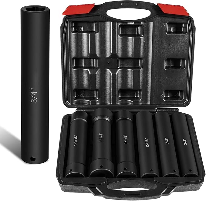 1/2 Inch Drive Extended Length Impact Socket Set 6Pcs, Extra Deep Socket Set Kit Includs Hex Sizes 3/4", 7/8", 15/16", 1-1/16”, 1-1/8", 1-1/4"