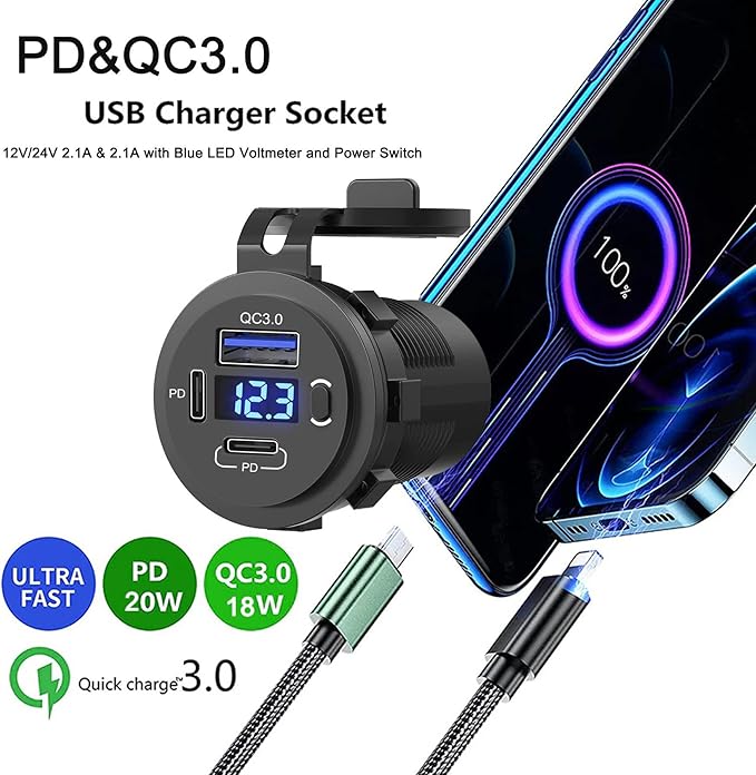 Zennova, 5 Pack USB C Charging Adapter, 58W 12v Outlet with PD USB C & QC 3.0 Ports, Waterproof, Voltmeter, Power Switch for Car, Golf Cart, Boat, Marine, Bus, Truck, RV, Motorcycle