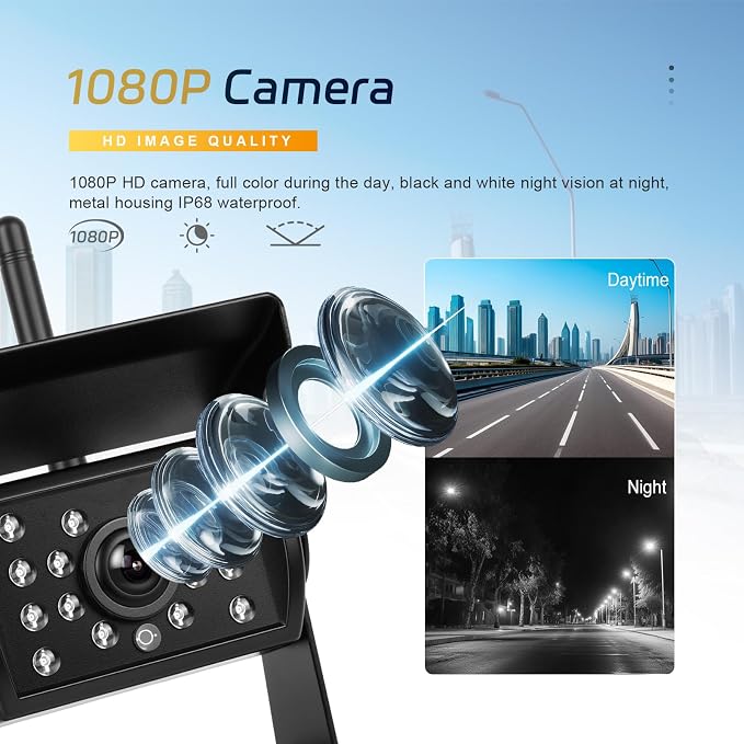 SIXWIN 7 Inch Wireless Backup Camera for Truck with 1080P Rear View Camera System for Cars, 4 Channels Split Screen, BSD Alert, Night Vision, IP68K Waterproof, for Truck, Pickup, Trailer