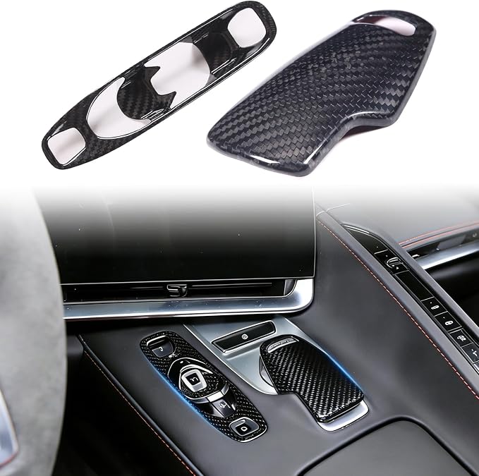 Set of 2 Genuine Carbon Fiber Gear Shift Panel Cover Trim for Corvette C8 2020-2025 Gear Shift Knob Head Protection&Console Gear Shift Button Panel P D Auto M Button Frame Accessories (Black)