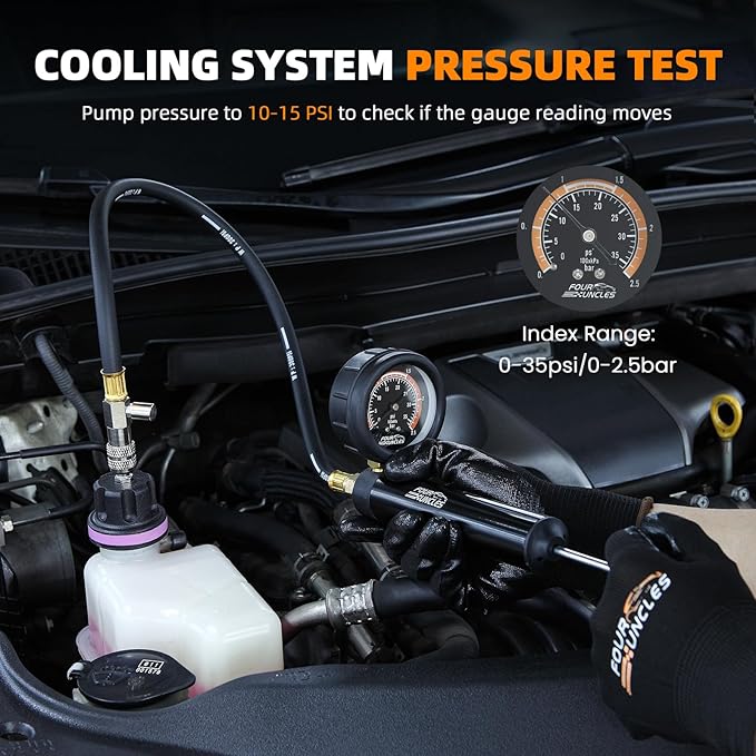 FOUR UNCLES 33pcs Radiator & Coolant Pressure Tester and Vacuum Refill Kit - Universal Cooling System Leak Tester and Refiller for Cars Motorcycles Trucks (Black)