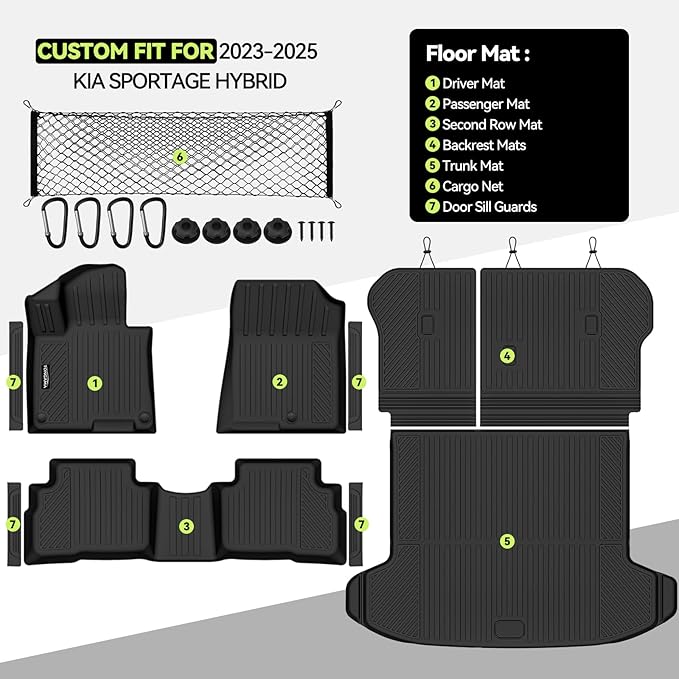 Tongama-Floor Mats for 2023-2025 Kia Sportage Hybrid, All Weather TPE Trunk Mat and Backrest Mats Protector and Cargo Net and Door Sill Guards for Kia Sportage Floor Liner Accessories