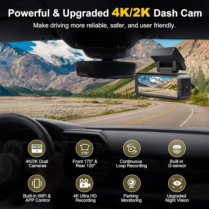 4K+2K Dash Cam Front and Rear, Free 64GB Card Included, 5.8GHz WiFi Dash Camera for Cars, Built-in G-Sensor, 3.2” IPS Screen, 170°Wide Angle, Night Vision, 24 Parking Mode, White