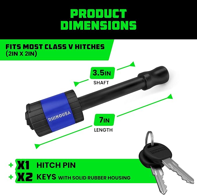 Rhino USA 2” Trailer Hitch Pin – Patented 5/8" Locking Receiver Pin for Class III/IV Hitches – Weatherproof, Anti-Theft, Debris-Protected – Tow Truck Ready – Blue 1PK