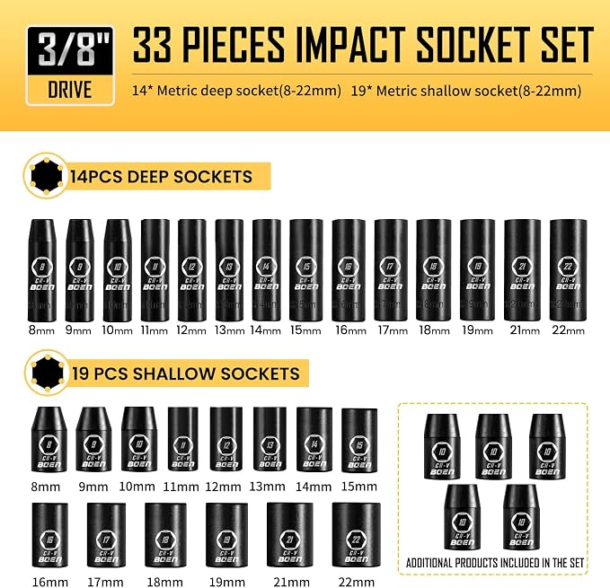 BOEN 3/8" Drive Impact Socket Set, 57-Piece Standard SAE (5/16 to 3/4 inch) and Metric (8-22mm), Include Ratchet Handle, Extension Bar, Universal Joint, Adapter, and Additional 5 10mm Sockets
