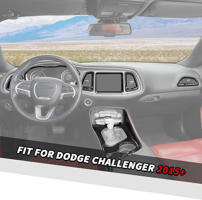 Jimen Fit for Dodge Challenger 2015-2023, 7PCS Carbon Fiber Interior Kits - Dashboard Cover, Center Console Air Outlet AC Vent Trim, Navigation Screen Panel, Gear Shift Panel