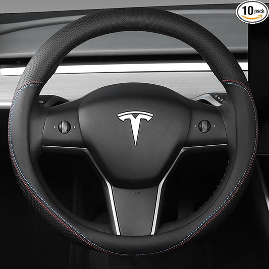 Leather Steering Wheel Cover Custom-Fit for Tesla Model 3/Y 2016-2026, Comfort Grip Design Breathable and Non-Slip, Model 3/Y Car Steering Wheel Protector, Tesla Accessories,Black(C-Style, for Tesla)