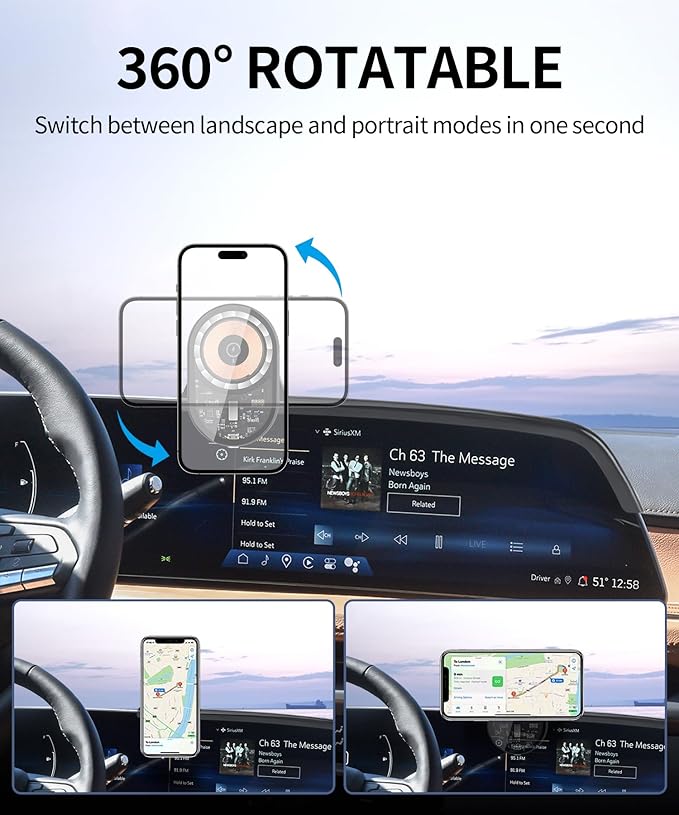 Wireless Charging Car Phone Holder for Cadillac Lyriq 2023-2025 / Optiq 2025 / XT4 2024-2025 / CT5 2025, 33" Screen Fixed Clip, 360° Rotation Car Phone Mount Compatible with MagSafe