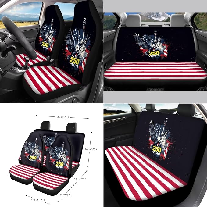 Wanyint Car Seat Cover Set 15 PCS, with Steering Wheel Seat Belt Rear View Mirror Cover Trash Can Cup Coaster Keychain Air Vent Storage Bag, US 250th Anniversary Auto Decor, Statue of Liberty Eagle