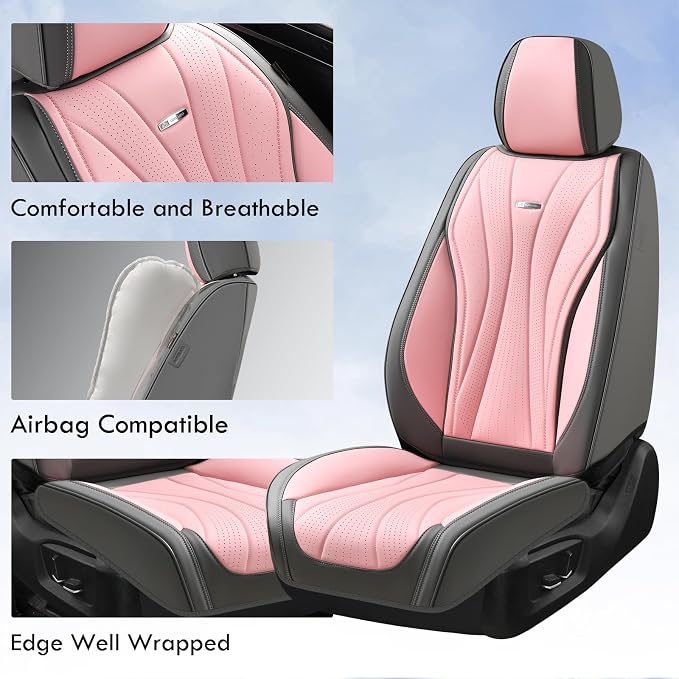 Coverado Car Seat Covers Full Set, Universal Seat Cover for Cars, Luxury Faux Leather Seat Covers, Car Seat Protector Waterproof, Automotive Seat Cover, Car Seat Cushions Fit for Most Cars (Gray&Pink)