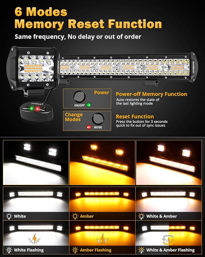 Auxbeam 4-Inch LED Pods with 20-Inch LED Light Bar Offroad Combo Set 3-Pack | 6 lighting modes series, Amber white dual color, Strobe fog lights, Flash/warning/signal, Spot flood combo beam