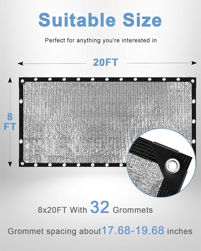 vensovo 95% Aluminum Shade Cloth - Reflective Aluminium Shade Netting Sun Shade Cover with Grommets for Cars, Dogs, Outdoor, RV, Patio (8x20FT)